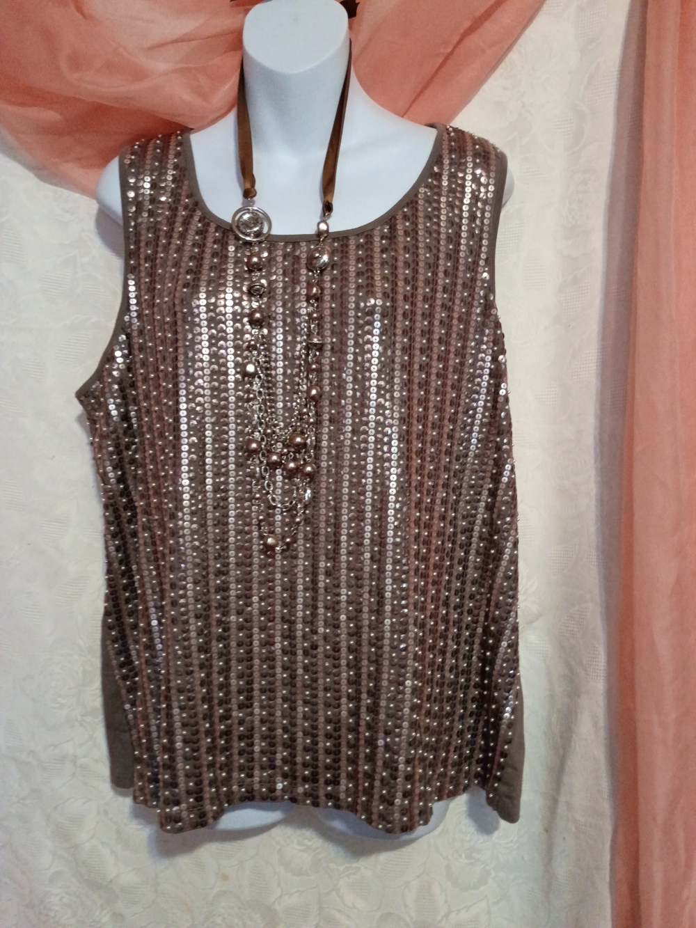 By Chico's Ladies Sequin & Pearl Scoop Neck Tank Top in Metallic Gold Sz 16